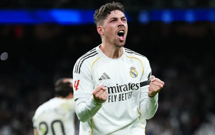 Federico Valverde of Real Madrid celebrates scoring his team's second goal during the La Liga match against Elche
